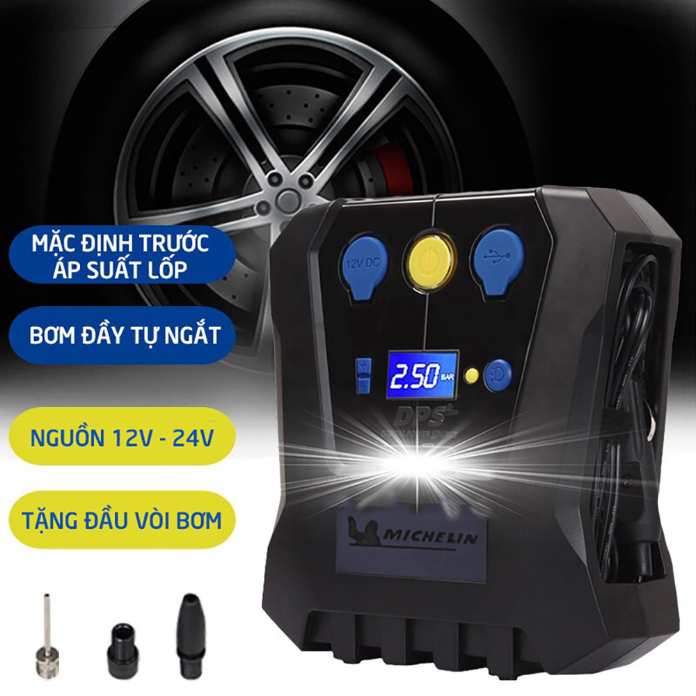 Máy Bơm Lốp Ô tô Michelin 12266 Cao Cấp Đa Năng Tự Ngắt Cho Xe Hơi sedan SUV 16 chỗ - Hàng Chính Hãng (phiên bản mới 2021)