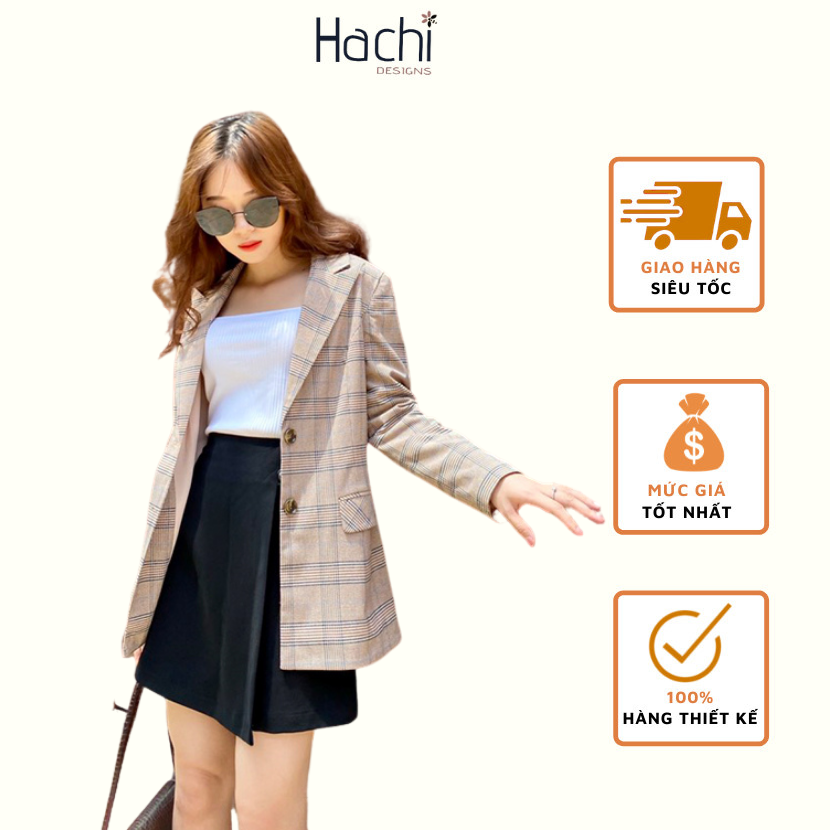 Áo khoác blazer kẻ nữ, Chân váy chữ A, Blazer 2 lớp hàng cao cấp Hachidesigns
