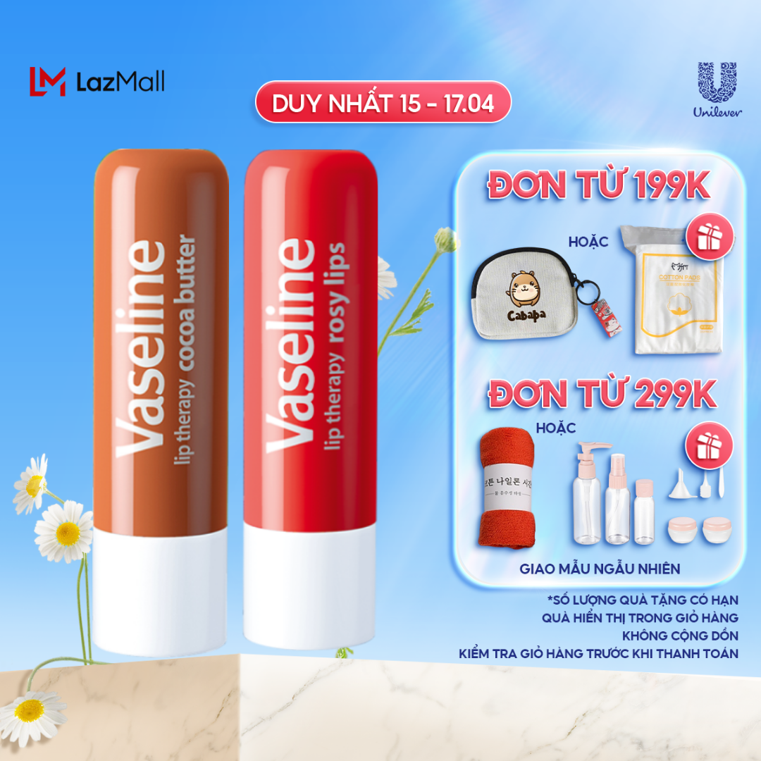 Bộ 2 son dưỡng môi Vaseline dạng thỏi Lip Care: Bơ Ca Cao và Hồng Xinh (4.8g x2)