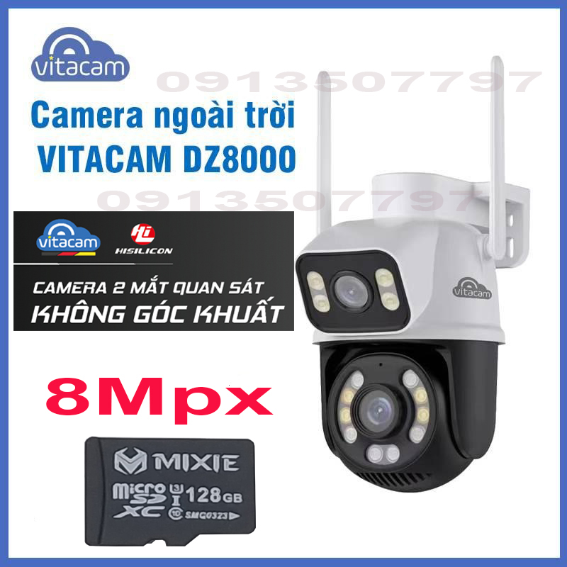 CAMERA 2 MẮT VITACAM DZ8000 KHÔNG GÓC KHUẤT 8.0 MP, XEM 2 MÀN HÌNH, XOAY 360 ĐỘ, CHỐNG NƯỚC SIÊU BỀN