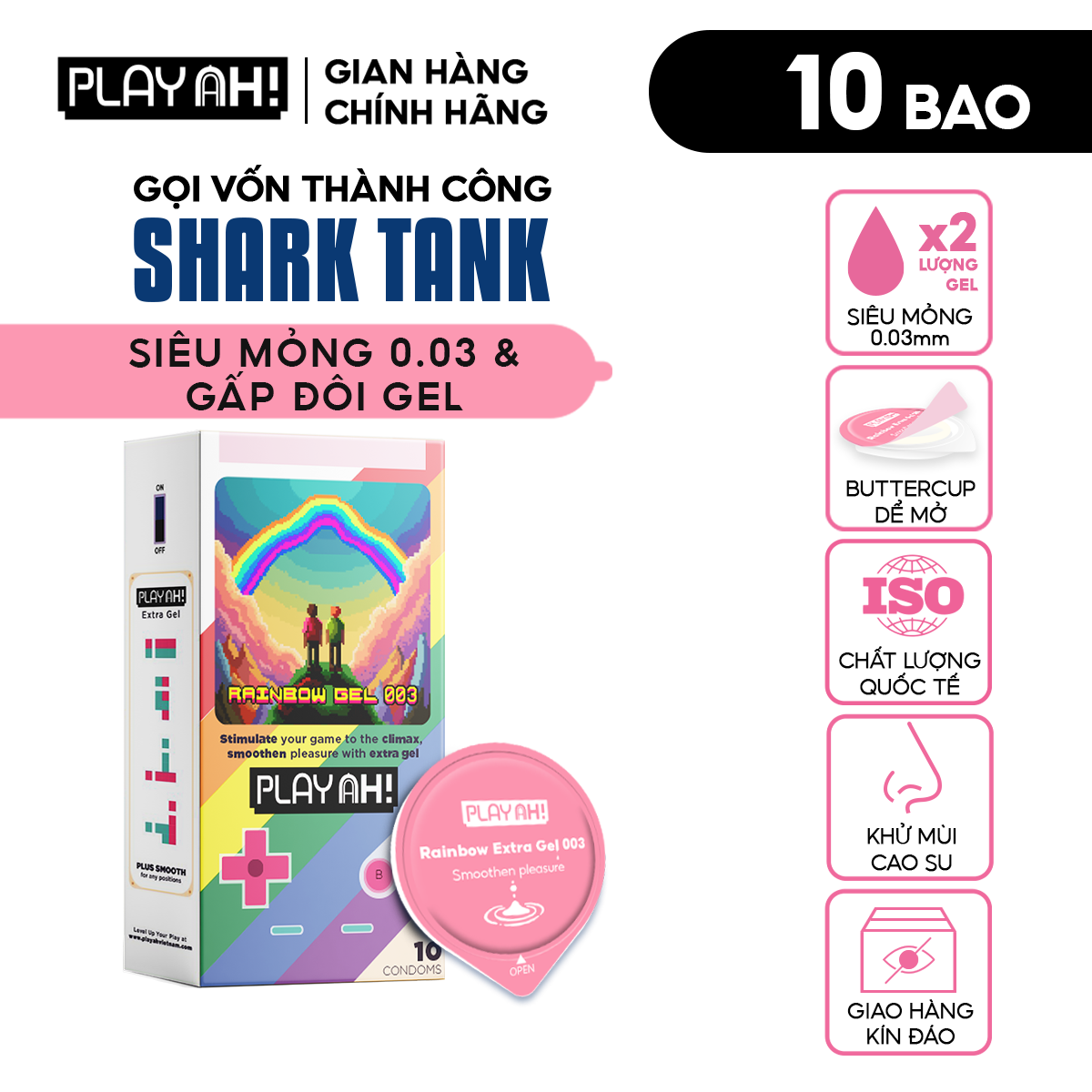 Bao Cao Su PLAYAH Rainbow Gel 003 Hộp 3 10 Size 52mm