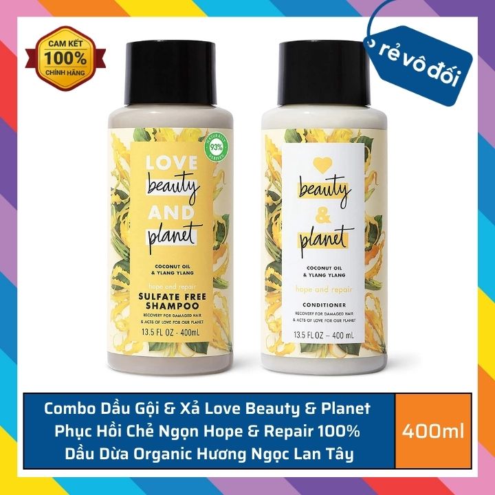 Combo Dầu gội dầu xả Love Beauty & Planet phục hồi chẻ ngọn Hope & Repair 100% Dầu Dừa Organic hương Ngọc Lan Tây 400ml - Thái Lan