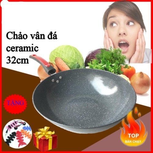 Chảo Đá Hoa Cương Chống Dính, Chảo Đá Sâu Lòng 32cm Dùng Được Cho Các Loại Bếp.