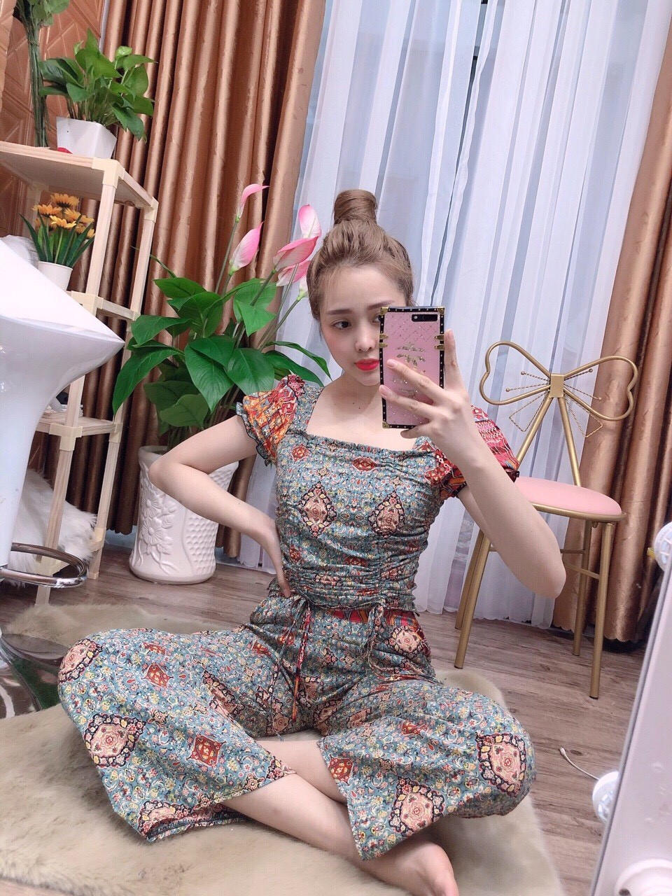 Set bộ thổ cẩm áo tay búp cổ vuông dây rút quần dài ống rộng