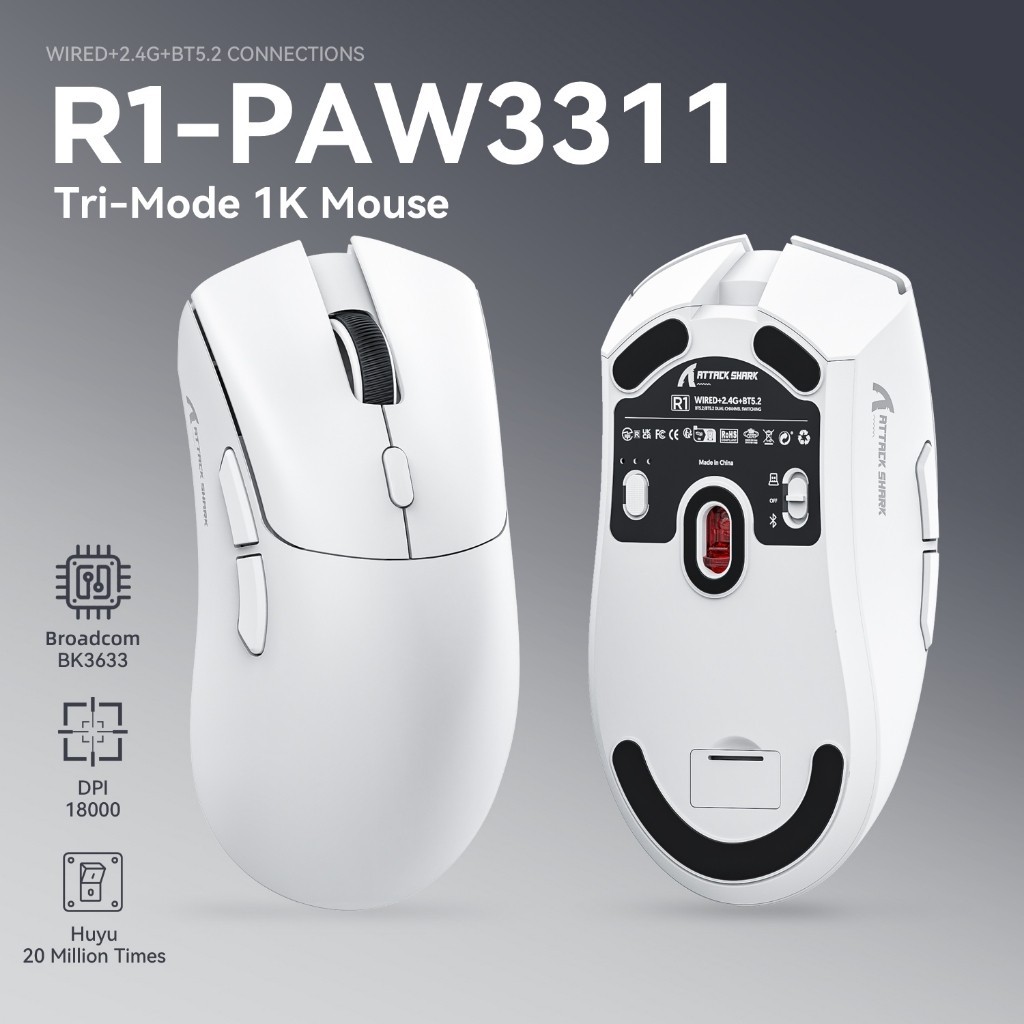 Chuột Attack Shark R1 PAW311 Chuột Ba Chế Độ Chuột Không Dây Bluetooth Chuột Chơi Game Tùy Chỉnh