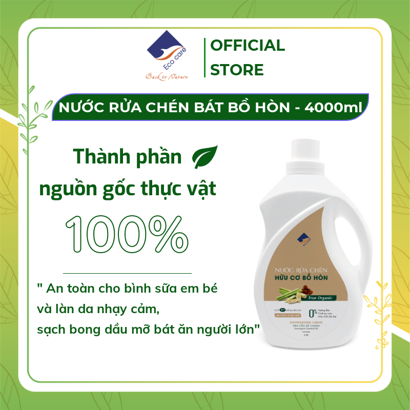 Nước rửa chén hữu cơ Bồ hòn Ecocare 4000ml, Nước rửa bát hữu cơ 100% từ thiên nhiên, không sử dụng hương liệu và hóa chất độc hại, An toàn cho chén đĩa trẻ em, Mềm mịn cho da tay