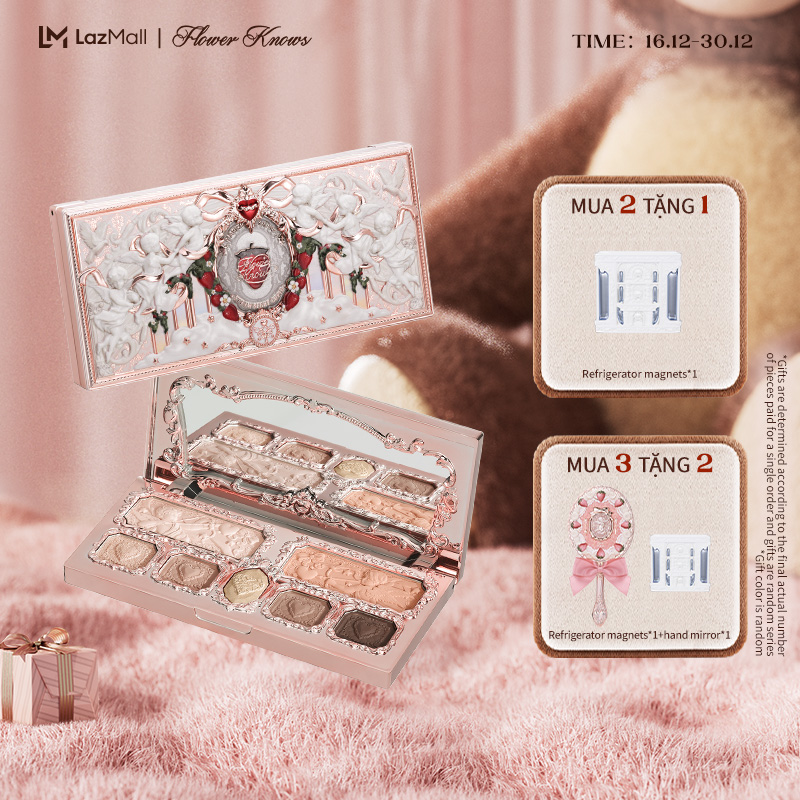  Flower Knows Hộp phấn trang điểm dòng thần tình yêu dâu 14g pink Eyeshadow Blush Highlighter Thực tế đa năng dễ mang bên mình Strawberry Cupid Collection 