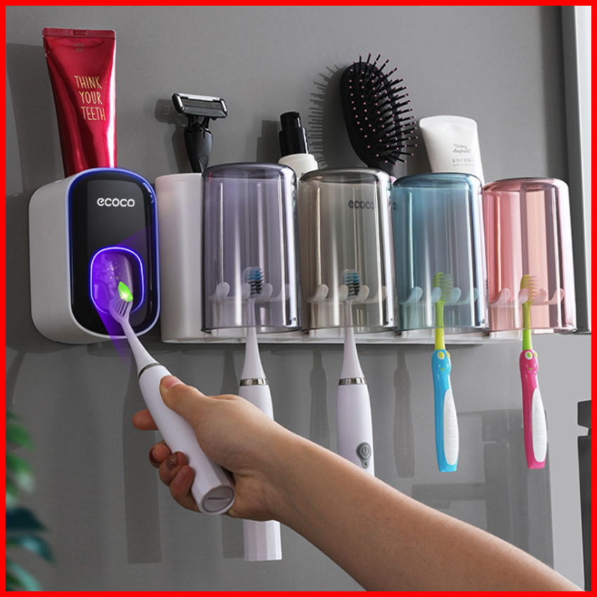 Giá để cốc bàn chải đánh răng Ecoco, Kệ để đồ nhà tắm có nhả kem đánh răng tự động kèm 4 cốc súc miệng cao cấp Ecoco