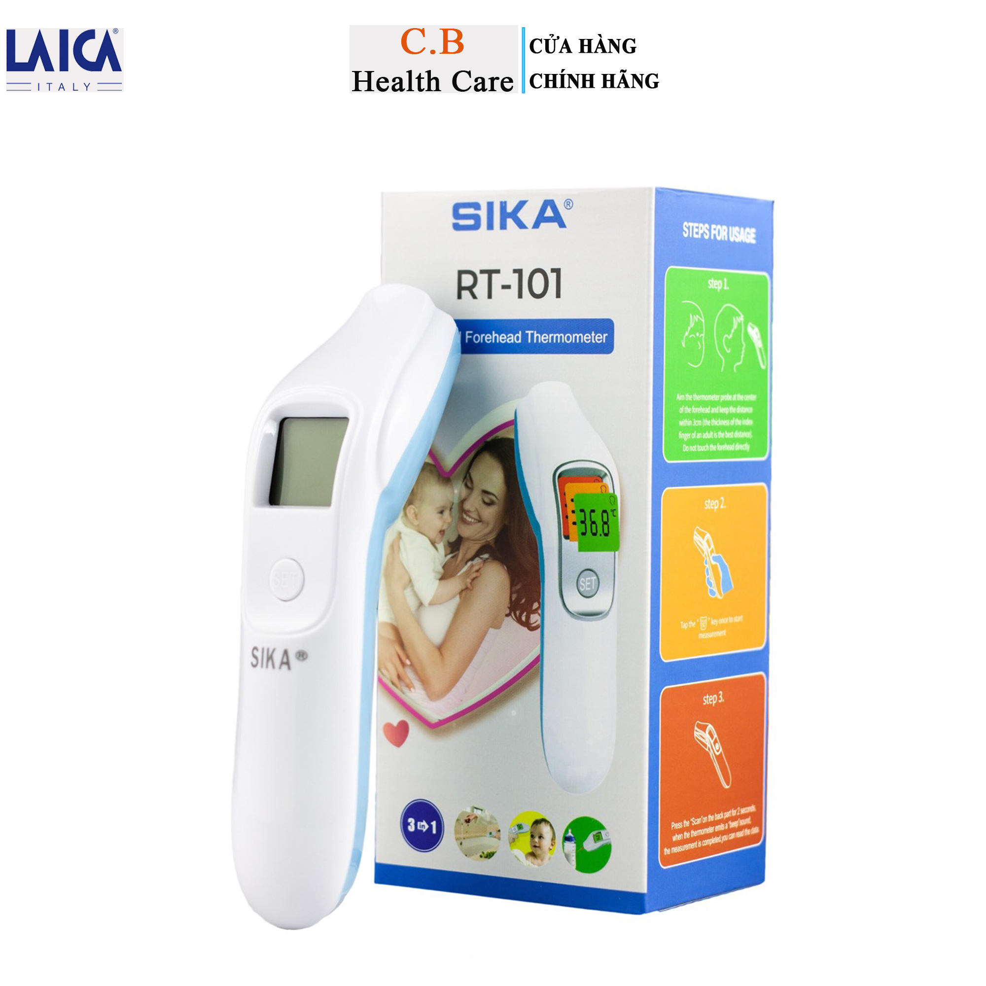 Nhiệt kế điện tử hồng ngoại Sika RT-101 - đùng để đo trán cho bé, có thể đo được nhiệt độ môi trường, đo nước, đo nhiệt độ bình sữa, đo nhanh 1s nên chính xác tuyệt đối