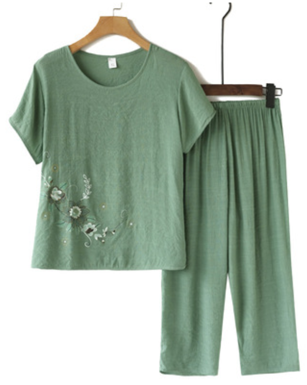 Bộ quần lửng, áo cộc tay nữ trung niên lanh cotton in hoa vạt áo.