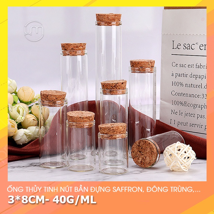 3*8cm- Ống thủy tinh nút bần đáy bằng đựng saffron, đông trùng hạ thảo,... 40g/ml, đối với saffron: 4g