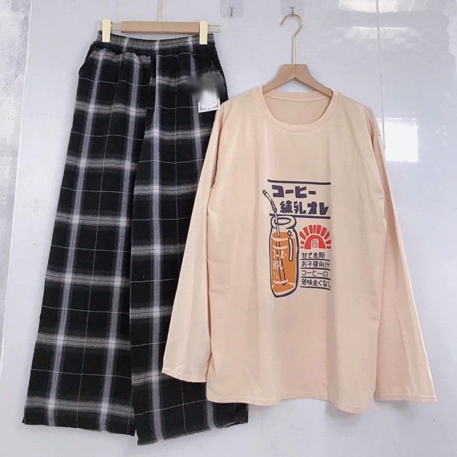 Sét áo hộp sữa tay dài+ quần kẻ ô , áo kiểu nữ, áo thun nam nữ, quần khaki, quần nữ, sét bộ mặc ở nhà, áo thun tay dài, quần jean ống rộng - LEEDA