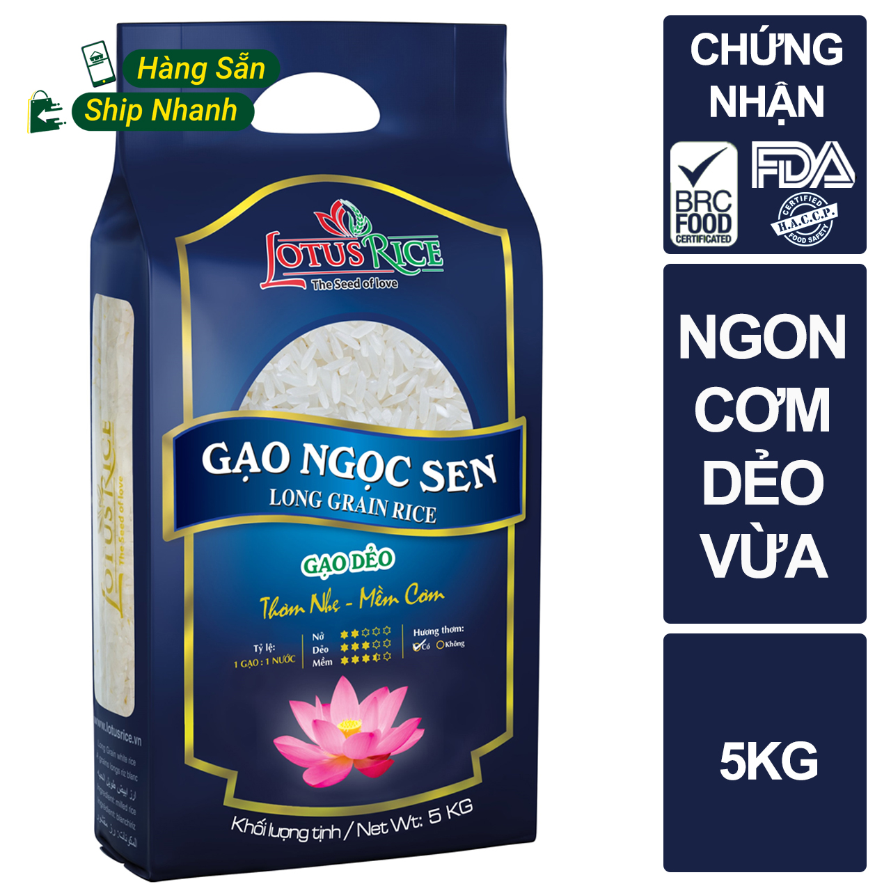 GIÁ TỐT Gạo Ngọc Sen cơm ngon dẻo nhẹ Lotus Rice 5kg - Gạo ngon chuẩn xuất khẩu - Đạt nhiều chứng nhận an toàn thực phẩm
