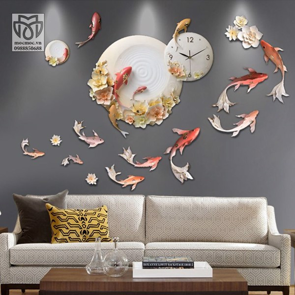 Đồng hồ treo tường nghệ thuật décor phù phiêu cá koi kích thước 90*60cm
