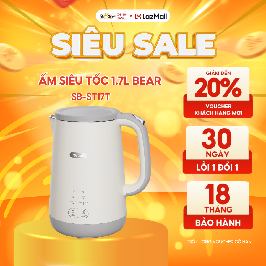 Ấm đun siêu tốc giữ nhiệt bear sb-st17t 1800w dung tích 1,7l cảm ứng dễ dàng sử dụng - bảo hành 18 tháng bản tiếng việt