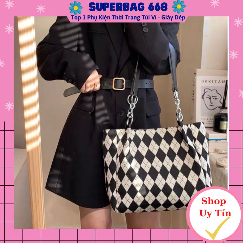 Túi xách tone nữ vải canvas kẻ sọc caro hình thoi đen trắng phong cach Superbag 356