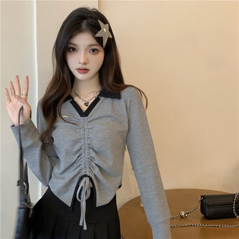 Áo Thun Gân Cá Tính Cổ Bẻ Chữ V Dài Tay Phối Rút Dây Giữa TTSLA1038