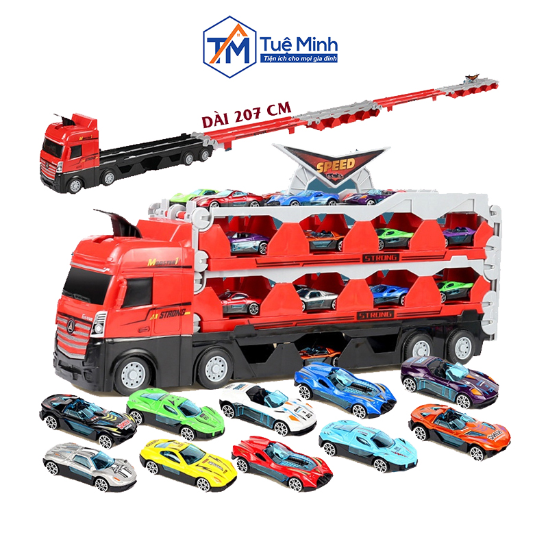 Mô hình xe tải đường đua, mô hình xe phóng xe đua siêu dài có thể gấp gọn - ô tô đồ chơi xe container tặng xe đua