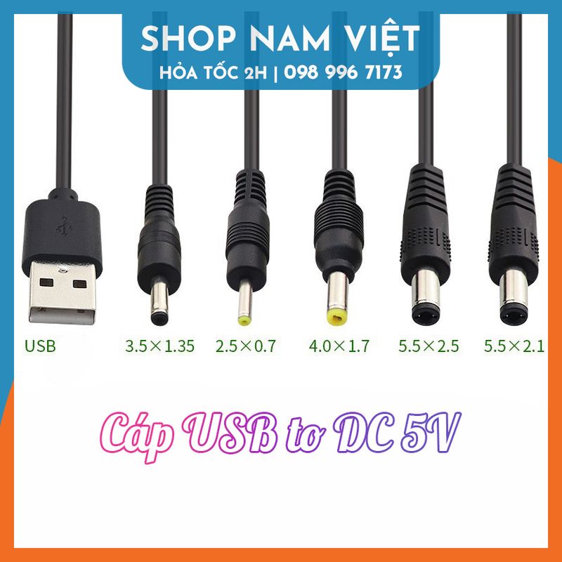 Dây Cáp Chuyển USB to DC Jack 5.5 / 4.0 / 3.5 / 2.5mm Cho Quạt Sạc, Đèn Sạc, Đèn LED