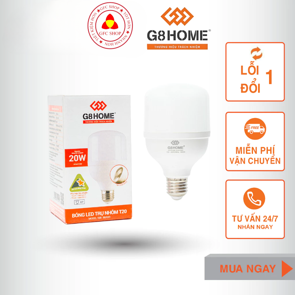  Bóng đèn led trụ nhôm G8HOME 10W 20W 30W 50W 60W Ánh sáng trắng - Chính hãng - Tiết kiệm điện 