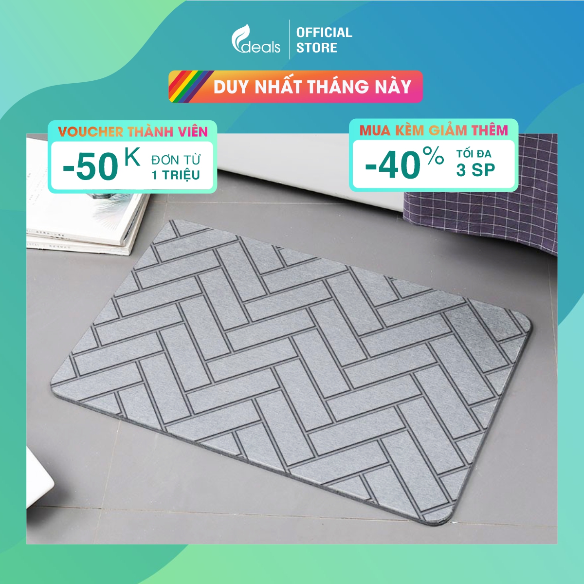 Thảm đá diatomite tây á siêu hút nước ecodeals loại cao cấp - kích thước 60x39 cm