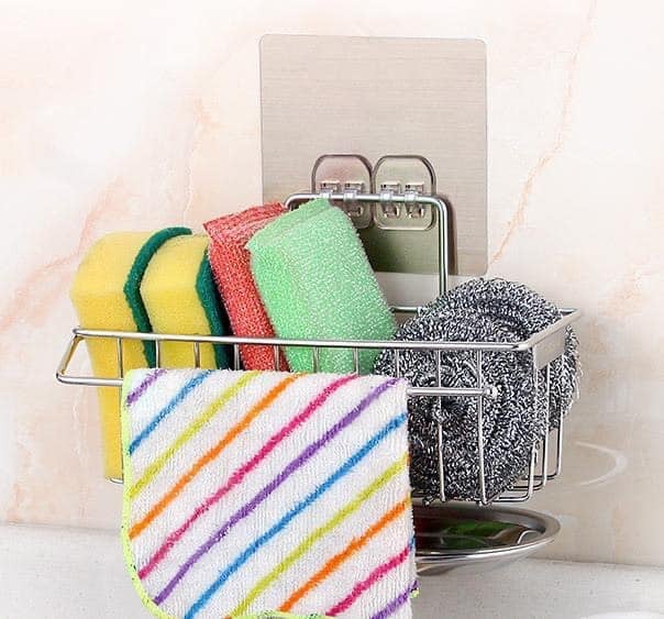 Kệ Inox Để Đồ Rửa Bát Chống Gỉ Có Khay Hứng Nước Kèm Giá Treo Khăn, Kệ Để Đồ Rửa Chén Lắp Đặt Dán Tường Siêu Dính