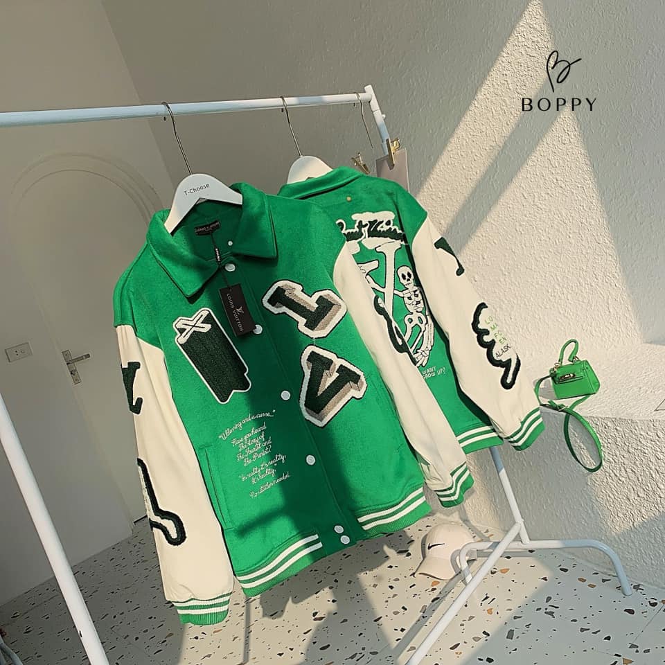 Áo bomber varsity tay l vê xanh lá cây