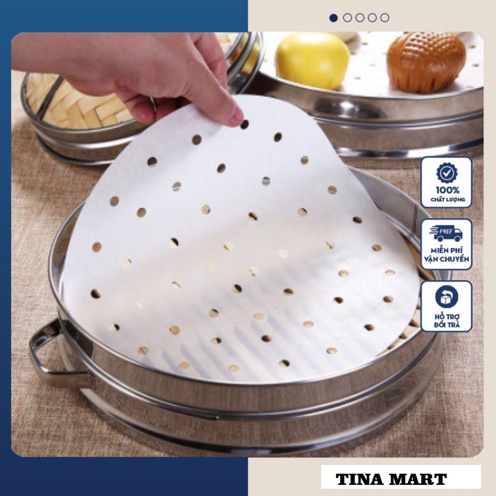 100 tờ giấy nến đục lỗ, giấy nến tròn lót xửng hấp, nồi chiên không dầu, hấp bánh báo