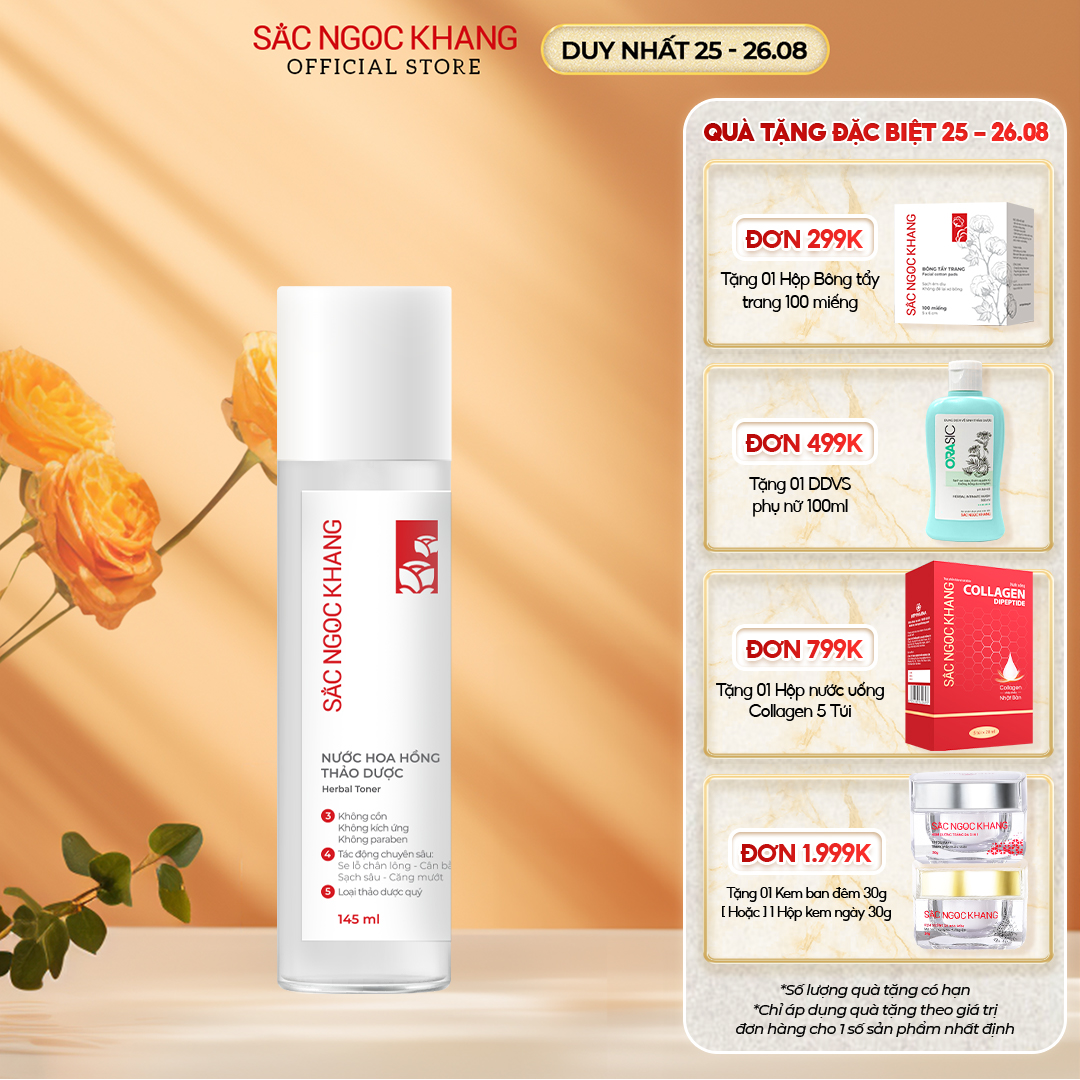 Nước hoa hồng Sắc Ngọc Khang thảo dược với thành phần 5 loại hoa  giúp tăng cường tác dụng của kem dưỡng, phòng ngừa nám sạm, sáng mịn làn da 145ml