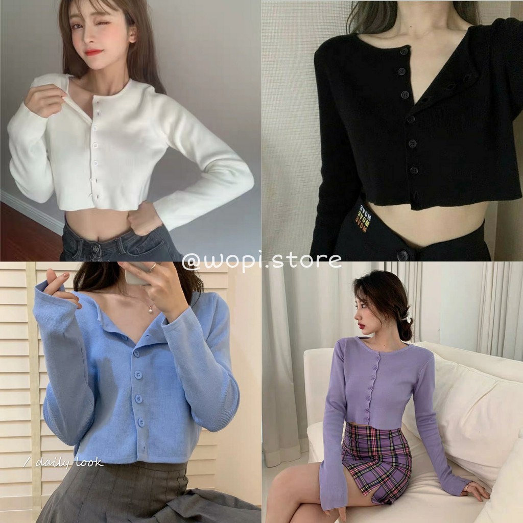 Áo croptop yan cổ tim tay dài phối khuy unisex