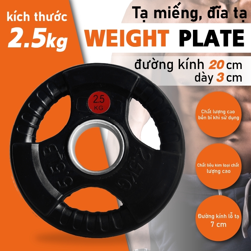 GYM - Tạ miếng, tạ bánh 3 lỗ  2.5kg (phi 50mm) cao cấp lõi thép đặc bọc cao su non Mẫu mới nhất 2023