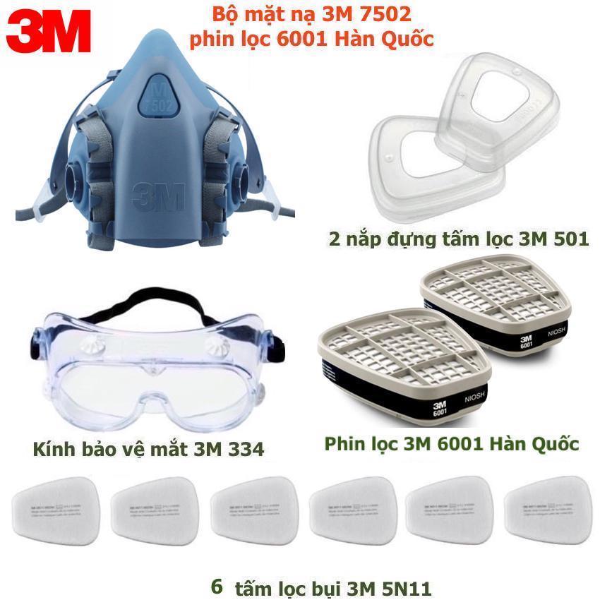 Mặt Nạ Lọc 3M 7502 + Kính Chống Virrus, Chống Bụi Siêu mịn PM2.5, Phòng Độc Chống Khói, Lọc Bụi Công Nghiệp Hoá Chất, Bộ bao gồm 1 mặt nạ 7502, 2 phin lọc 6001 Hàn Quốc, 2 ốp nhựa 501, 2 Tấm lọc 5N11, 1 Kính mắt 334 hoặc kính 3M SF201AF cao cấp