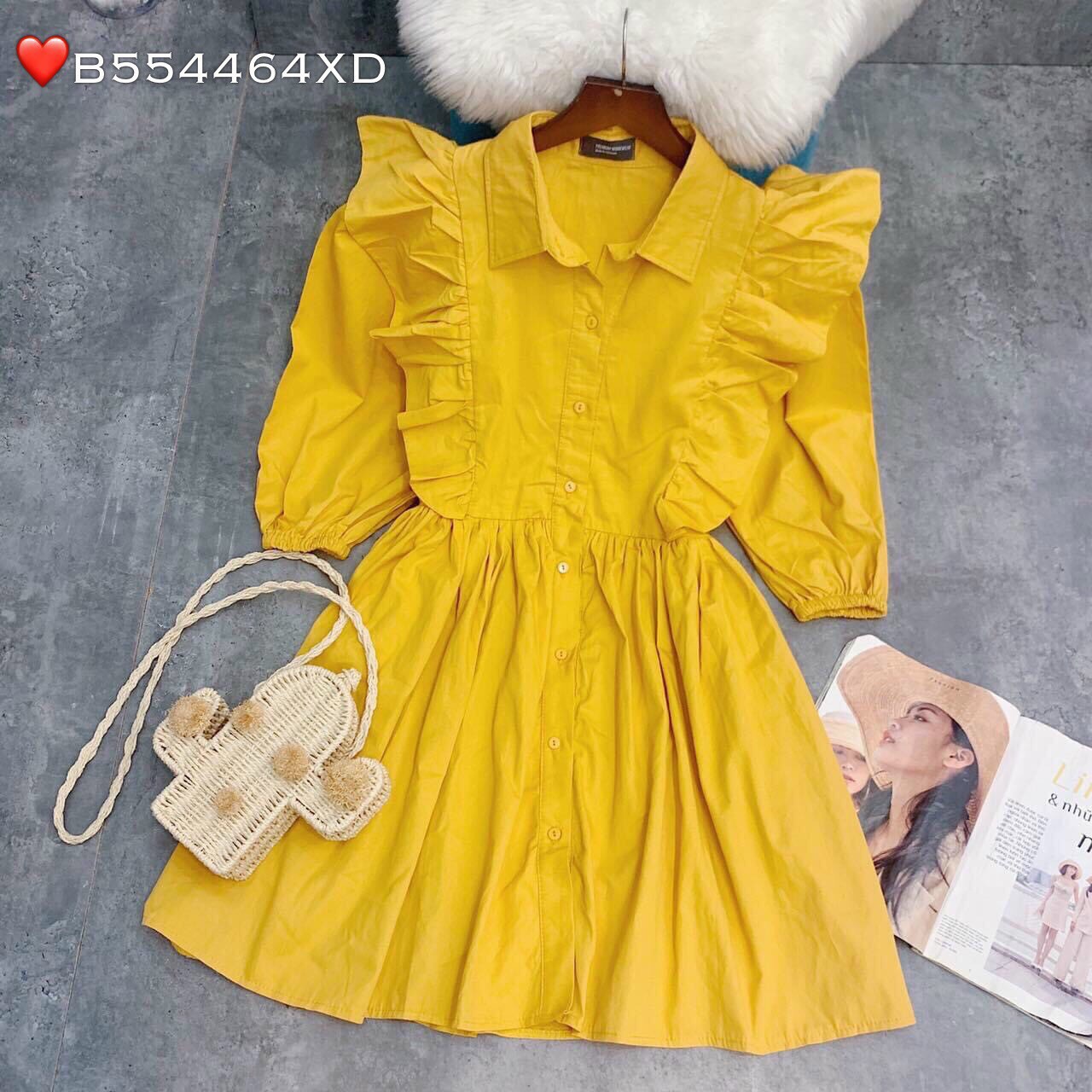 Đầm xòe sơ mi tay dài phối bèo xinh xắn dễ thương