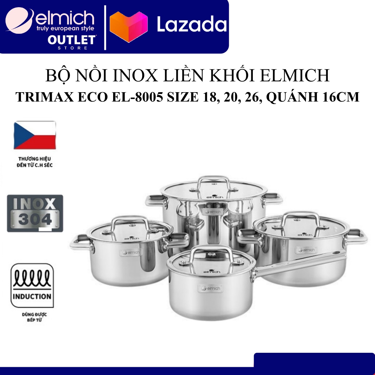 Bộ 4 nồi inox liền đáy elmich trimax eco el-8005 size 18, 20, 26 quánh 16cm