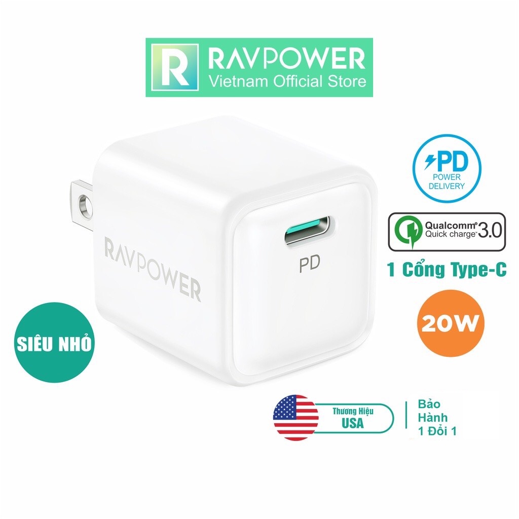 Củ sạc nhanh siêu nhỏ ravpower rp-pc150 usb type c pd/pps/qc 20w sạc nhanh iphone, ipad, android - hàng chính hãng
