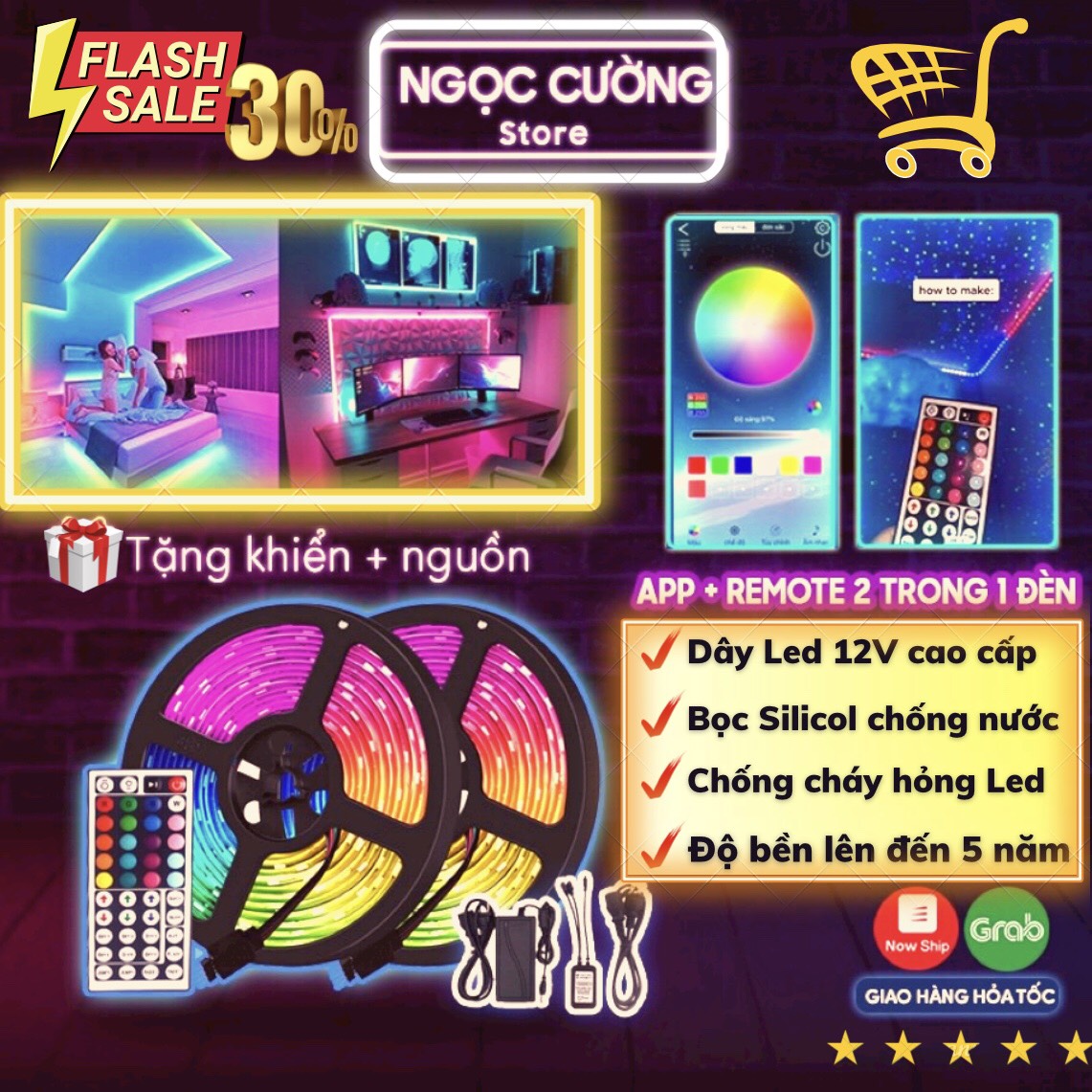 Dây led RGB, 16 TRIỆU MÀU APP NHÁY THEO NHẠC BỌC SILICON TẶNG NGUỒN 12V + REMOTE, đèn led tiktok, decor trang trí phòng