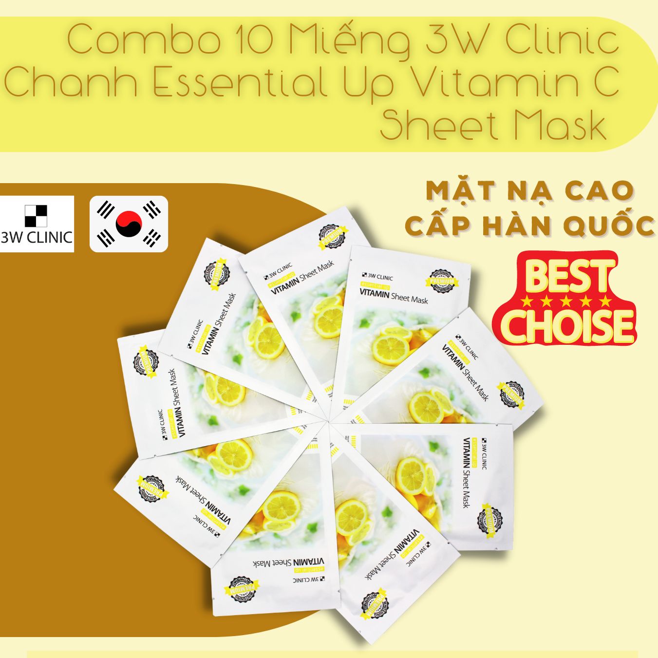 Hộp 10 Mặt Nạ Vitamin Chiết xuất Chanh Cao Cấp 3W Clinic Essential Up Vitamin 25ml x 10