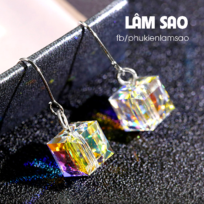 Bông tai nữ Bạc S925 ý Mặt pha lê Vuông rubik  Swarovki áo Trắng Ánh Màu Lấp Lánh - LAYADA