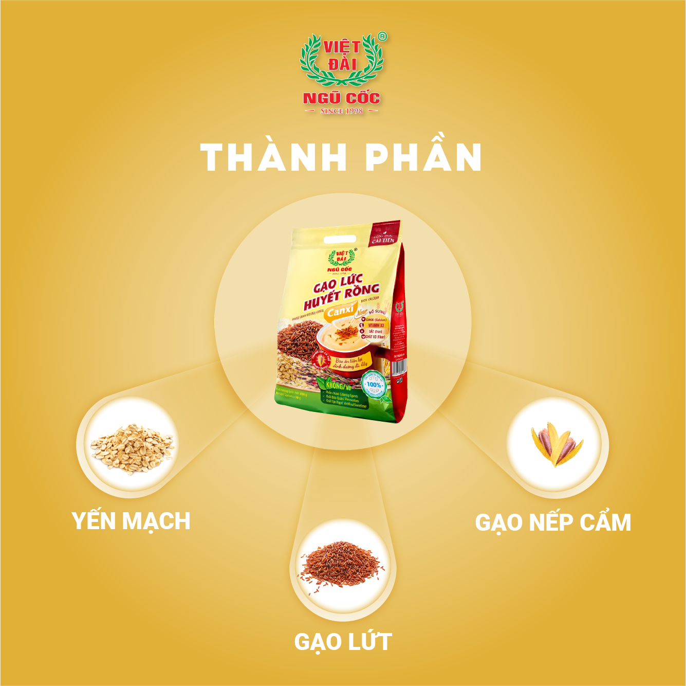 Bột ngũ cốc Gạo lức huyết rồng Canxi Việt Đài túi 450g