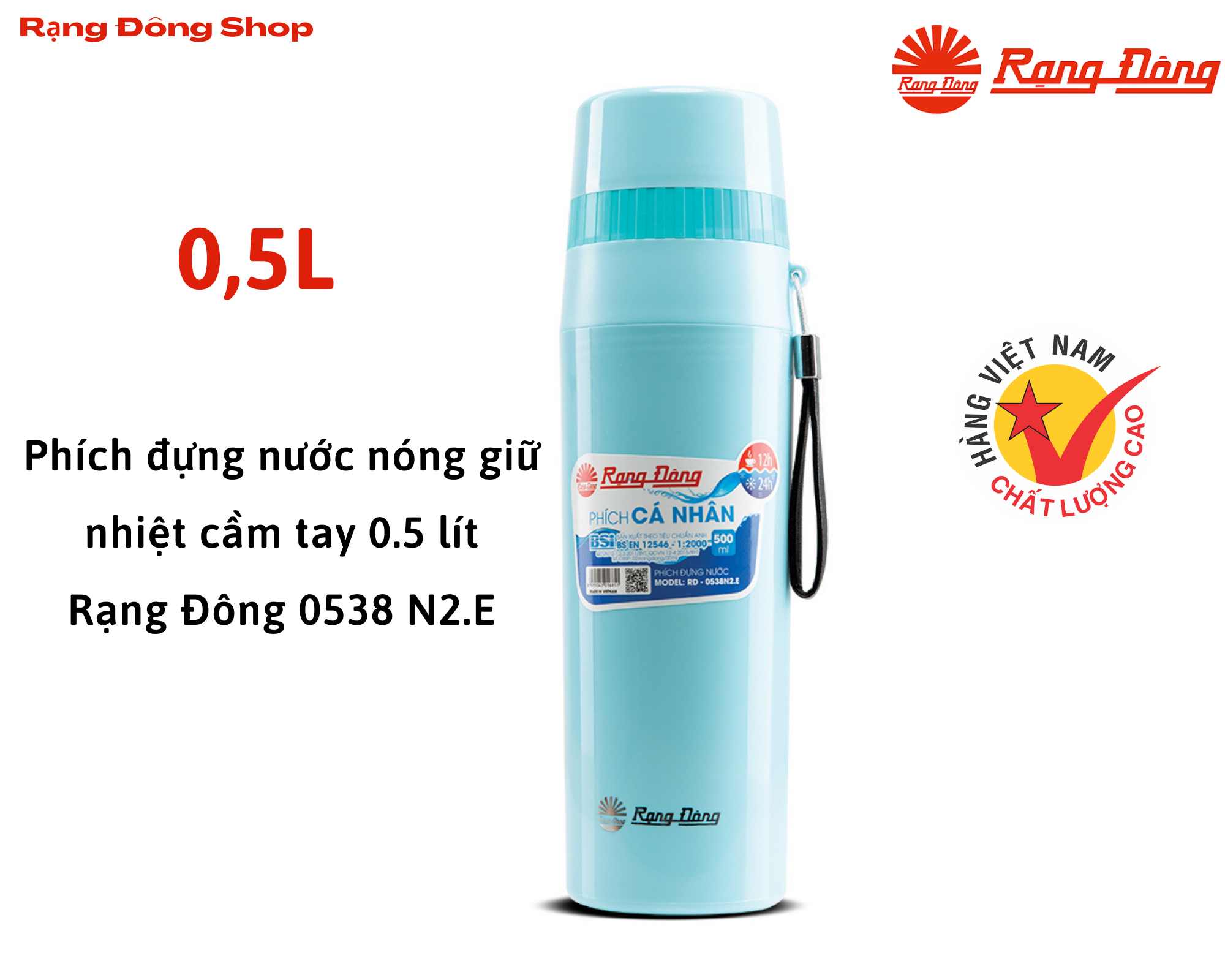 Bình phích cá nhân đựng nước nóng giữ nhiệt cầm tay 0.5 lít Rạng Đông 0538 N2.E có nút bấm