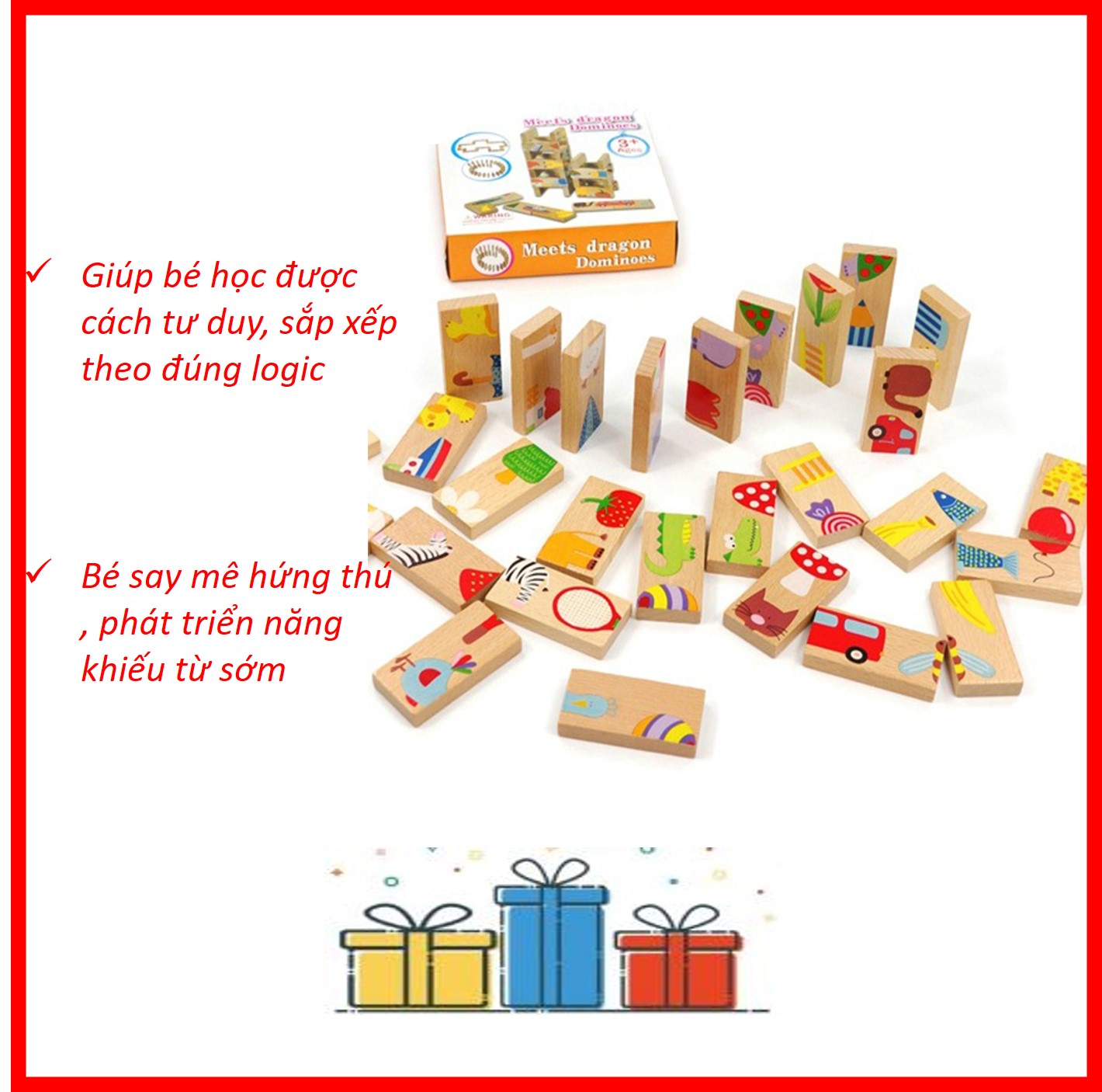 Domino ghép hình nhiều chủ đề, Đồ chơi gỗ xếp hình domino, Bộ trò chơi Domino 28 chi tiết hoa văn dễ thương bằng gỗ