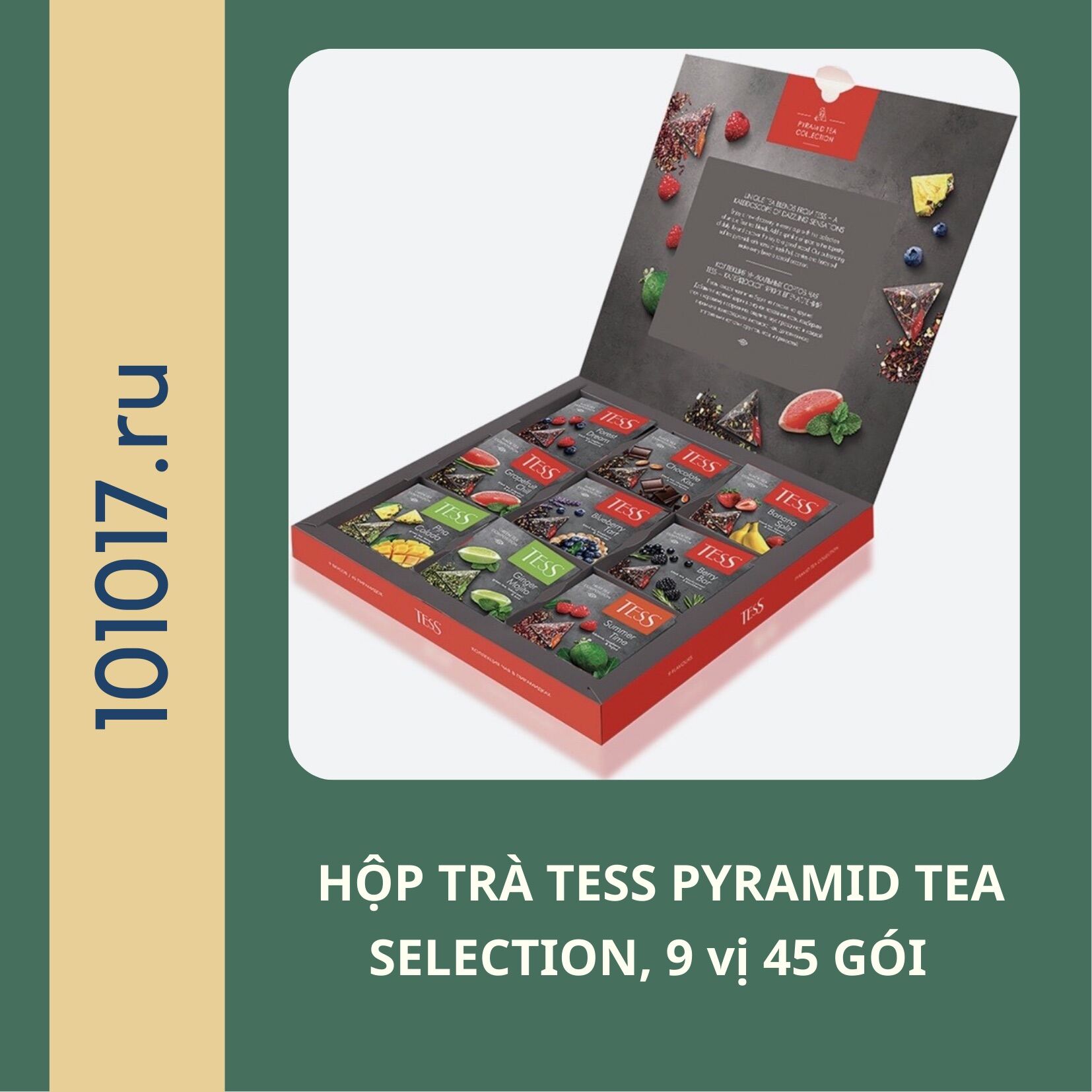 Hộp quà cao cấp - hộp trà tess pyramid tea selection 9 vị 45 gói gồm trà xanh, trà đen, trà thảo mộc, trà hoa quả, trà vị socola,…