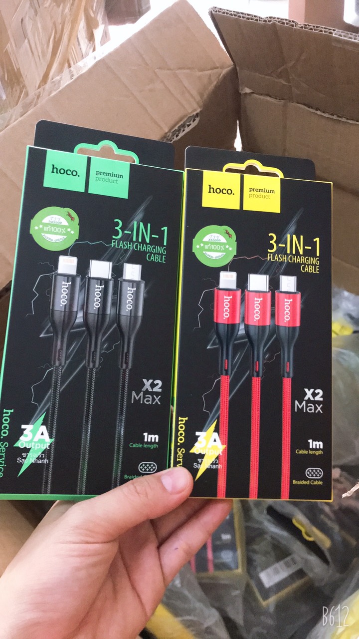 Cáp sạc đa năng 3in1 hoco x2 max sạc nhanh 3a dây bện cổng microusb+lightning+type-c dài 1m