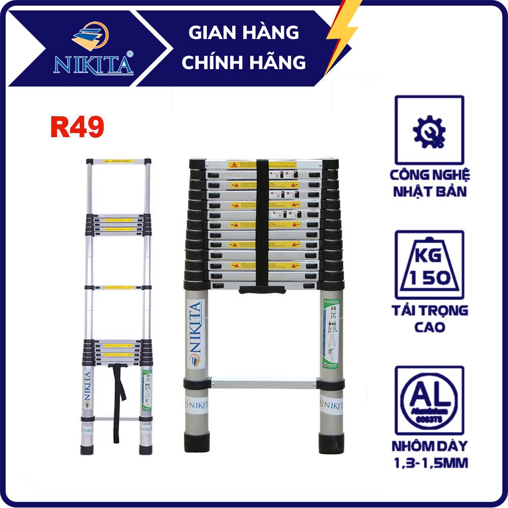 Thang nhôm rút 4 mét 9 - tiêu chuẩn châu âu chính hãng - r49