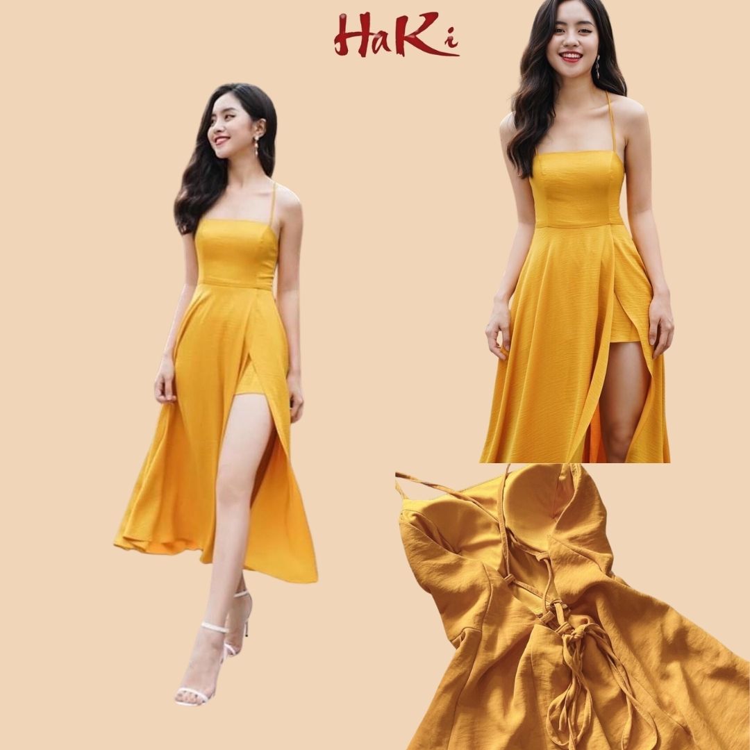 Đầm dự tiệc cưới 2 dây cúp ngực xẻ tà đan dây sau lưng xinh đẹp HAKI MSP087