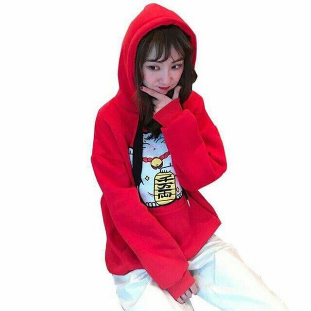 Áo hoodie nỉ bông mèo thần tài màu đỏ