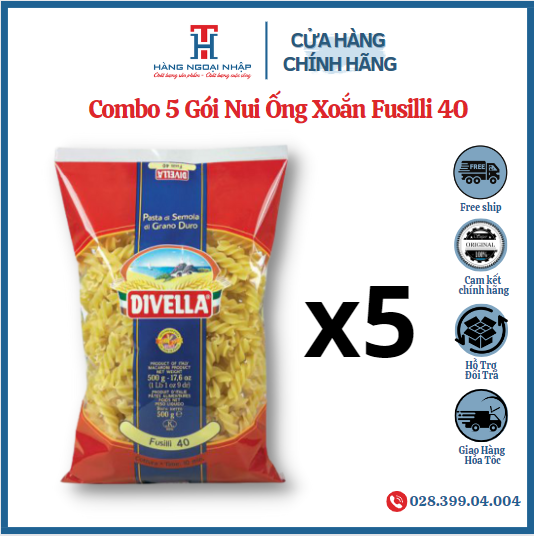 Combo 5 nui ống xoắn fusilli 40 divella