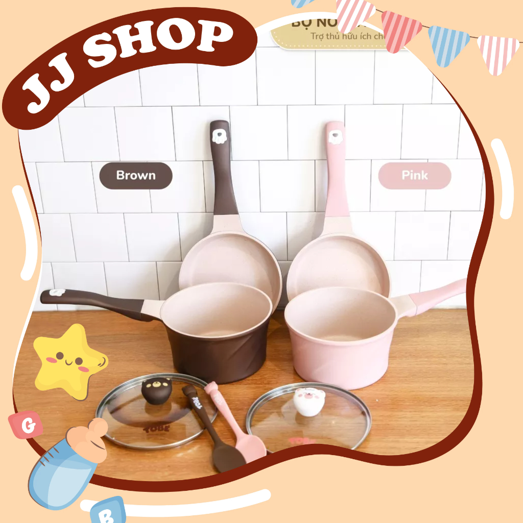 Bộ nồi chảo chế biến ăn dặm cho bé tobe size 18cm tặng kèm thìa silicone cùng tông màu