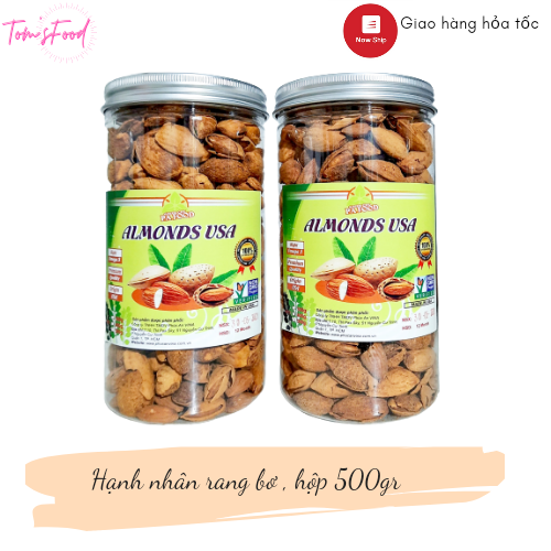 Hạt Hạnh Nhân Rang Bơ Nhập Khẩu Mỹ -, Mỏng Vỏ,Dài To , Đã Nứt HỘP 500 GRAM