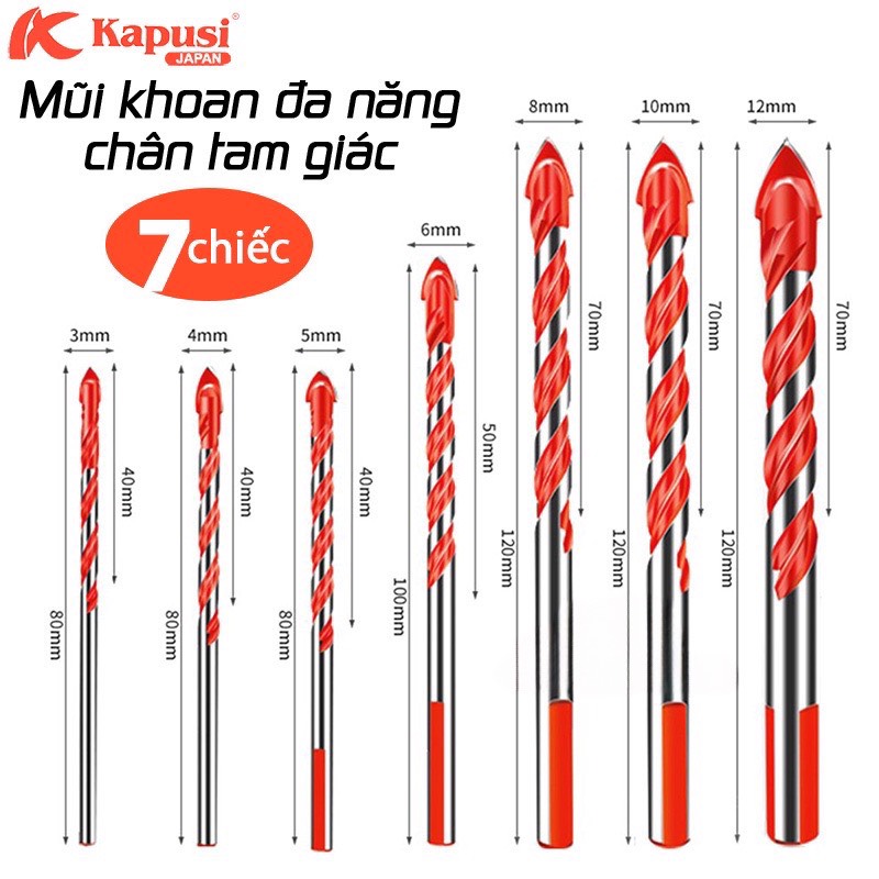 Bộ 7 mũi khoan đa năng 2 cạnh Kapusi Japan chân tam giác 3/4/5/6/8/10/12mm phù hợp khoan nhiều chất liệu – khoan gạch men, đá hoa, đá granit, nhựa, gỗ, thủy tinh, khoan kính, khoan gỗ, mũi khoan tường, mui khoan tuong, mui khoan